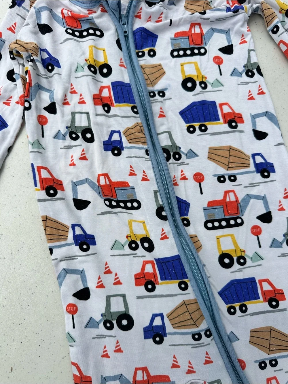 Little Sleepies Blue Trim Footed One-Piece Pajamas with Construction Vehicles